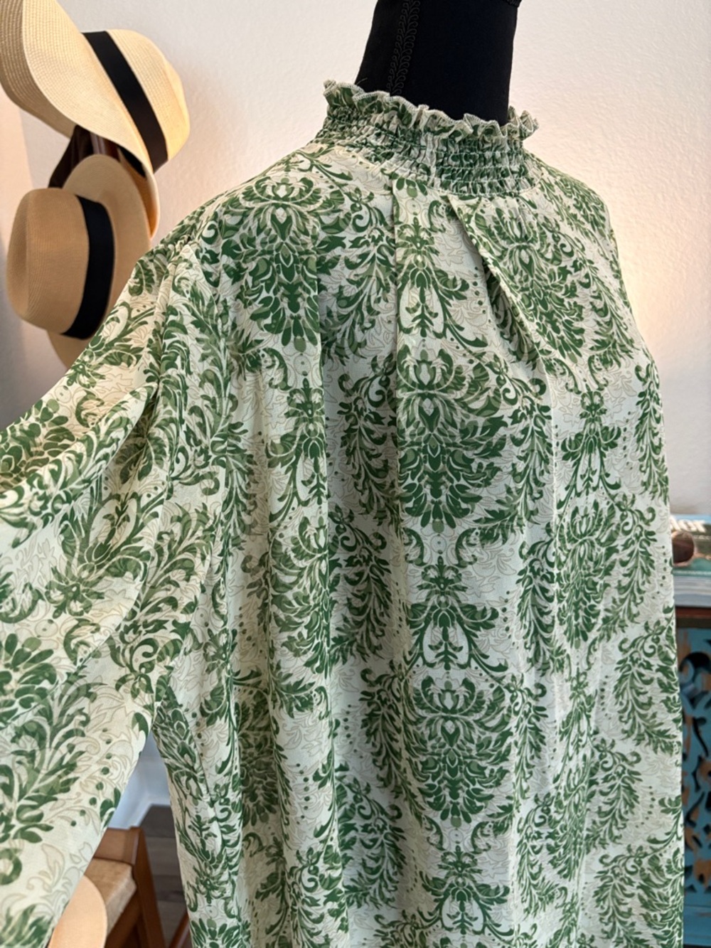 Green Damask Print Long Sleeve Smocked Neck Blouse - Picture 2 of 4